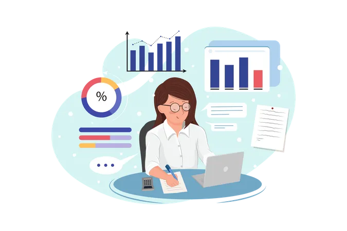 Mujer de negocios analiza datos y elabora informe contable  Ilustración