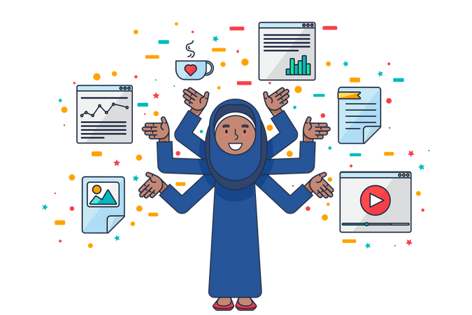 Mujer de negocios árabe haciendo multitarea  Ilustración