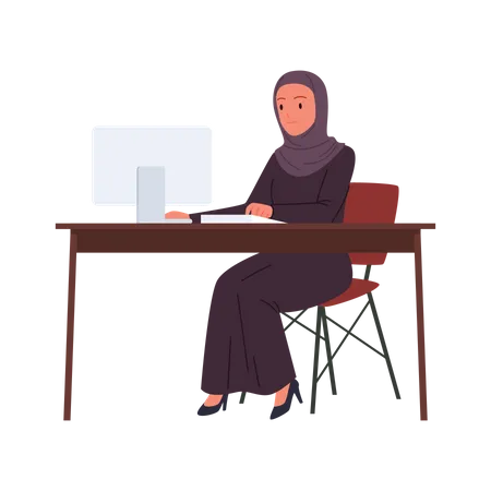 Mujer de negocios árabe trabajando en computadora  Ilustración