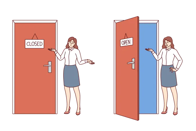Mujer de negocios cerca de la puerta de la oficina en estado abierto y cerrado  Ilustración
