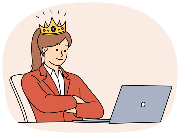 Mujer de negocios con corona trabajando en una computadora portátil  Ilustración