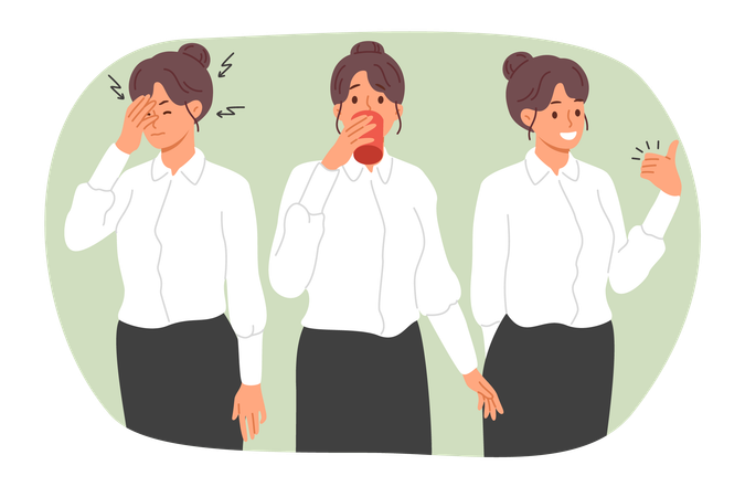 Mujer de negocios con dolor de cabeza o migraña bebe medicamentos y se siente mejor mostrando el gesto de aprobación  Ilustración