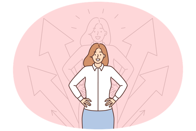 Una mujer de negocios con un propósito definido mantiene las manos en el cinturón y se encuentra cerca de flechas que apuntan hacia arriba.  Ilustración