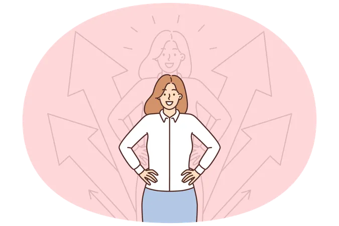 Una mujer de negocios con un propósito definido mantiene las manos en el cinturón y se encuentra cerca de flechas que apuntan hacia arriba.  Ilustración