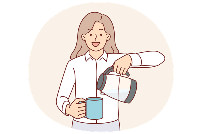 Una mujer de negocios con tetera y taza mira a la cámara mientras sirve una bebida caliente para animarse.  Ilustración