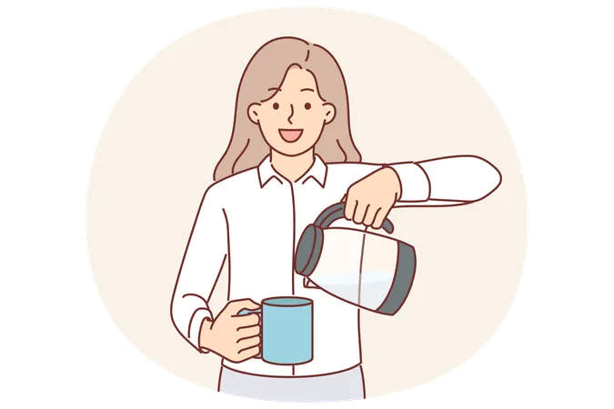 Una mujer de negocios con tetera y taza mira a la cámara mientras sirve una bebida caliente para animarse.  Ilustración