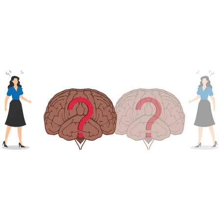 Empresaria desconcertada mirando el signo de interrogación dentro de su cerebro  Ilustración