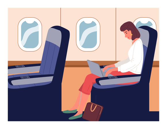 Mujer de negocios en un avión haciendo un viaje de negocios  Ilustración