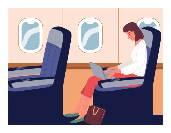 Mujer de negocios en un avión haciendo un viaje de negocios  Ilustración