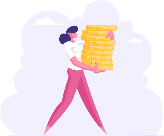 Mujer de negocios exitosa lleva una pila de monedas de oro  Ilustración