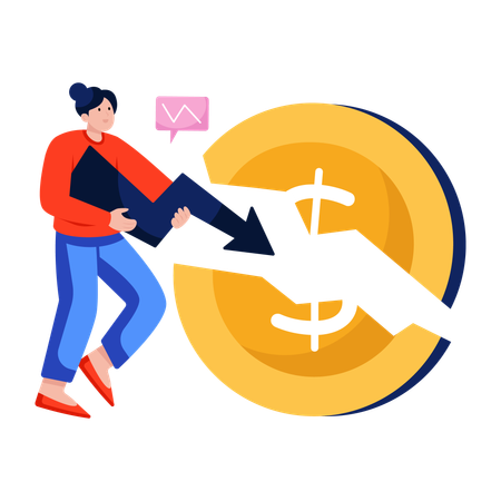 Mujer de negocios frente a dinero roto  Ilustración