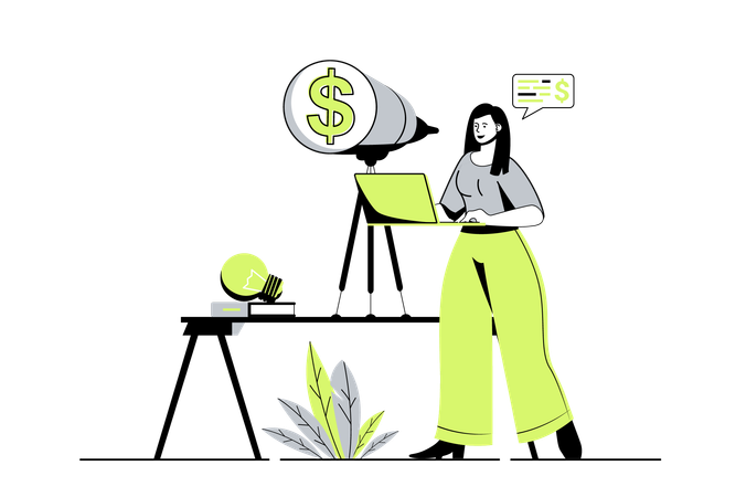 Mujer de negocios generando nuevas ideas y misión del proyecto  Ilustración
