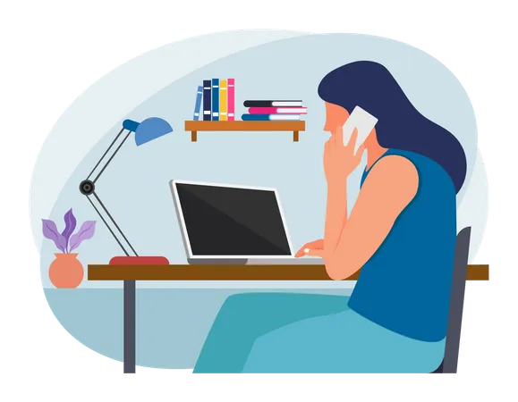 Mujer de negocios hablando por móvil y trabajando en una computadora portátil  Ilustración