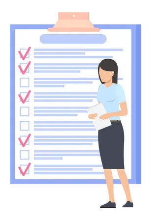 Mujer de negocios haciendo marca de verificación en la lista de tareas  Ilustración