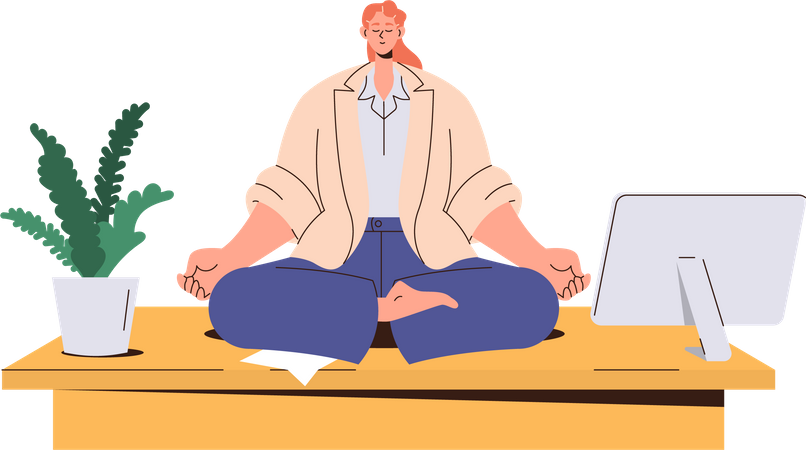 Mujer de negocios meditando en posición de loto durante las vacaciones para calmarse  Ilustración