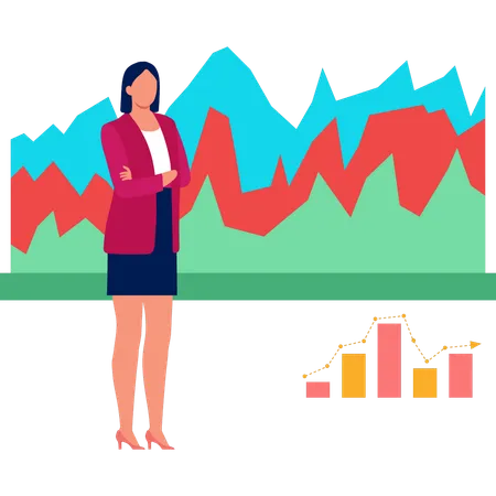 Empresaria mirando el gráfico de negocios spline  Ilustración