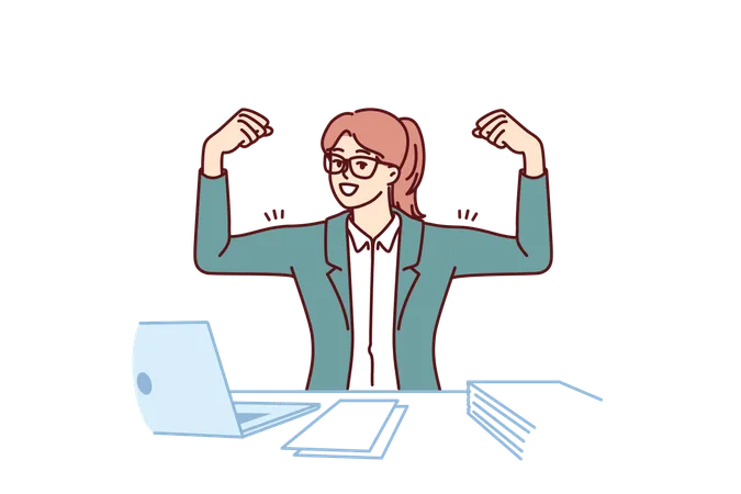 Empresaria mostrando bíceps en las manos sentada en la mesa de la oficina con una computadora portátil  Ilustración