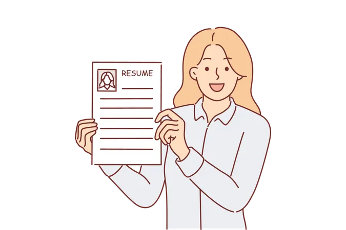 Mujer de negocios muestra currículum que describe habilidades laborales  Ilustración
