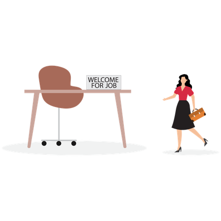Mujer de negocios que comienza un nuevo trabajo camina hacia el escritorio de la oficina de bienvenida  Illustration
