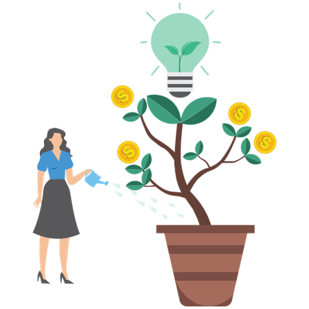 Mujer de negocios regando una planta ecológica con una bombilla de energía limpia  Illustration