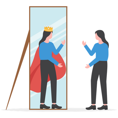 La mujer de negocios se mira en el espejo y ve una súper reina.  Ilustración