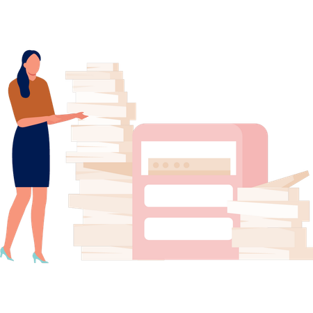 Mujer de negocios señalando libros de negocios  Ilustración