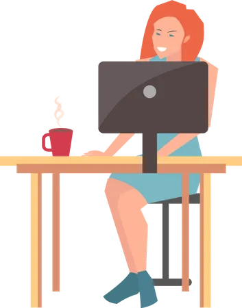 Mujer de negocios sentada en el lugar de trabajo y trabajando con computadora  Ilustración