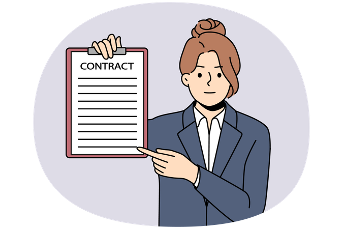 Una mujer de negocios seria señala el contrato  Ilustración