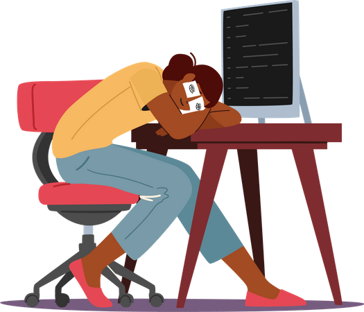 Cansado sobrecarga empresaria durmiendo en el escritorio de oficina con ojos dibujados  Ilustración