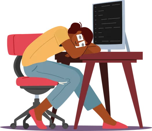 Cansado sobrecarga empresaria durmiendo en el escritorio de oficina con ojos dibujados  Ilustración