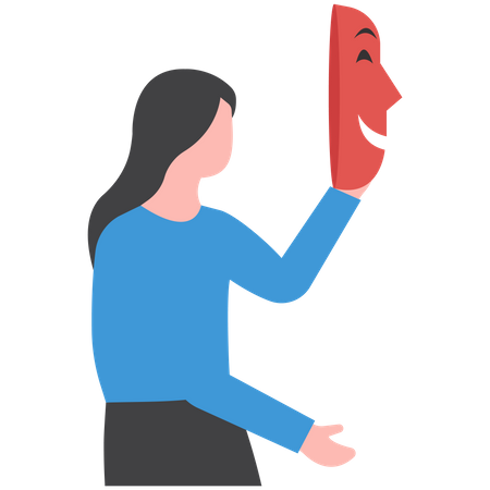 Mujer de negocios sosteniendo una máscara sonriente  Ilustración