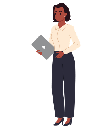 Mujer de negocios, tenencia, computador portatil  Ilustración