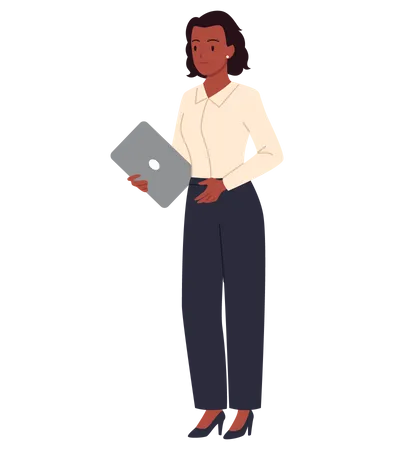 Mujer de negocios, tenencia, computador portatil  Ilustración