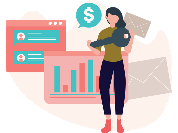 Mujer de negocios trabajando en el correo de ventas  Ilustración