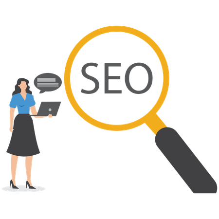 Mujer de negocios trabajando en la optimización de motores de búsqueda  Illustration