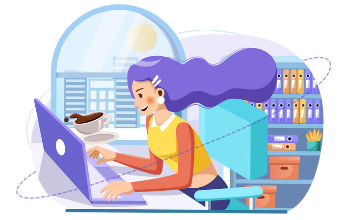 Mujer de negocios trabajando en la computadora portátil  Ilustración