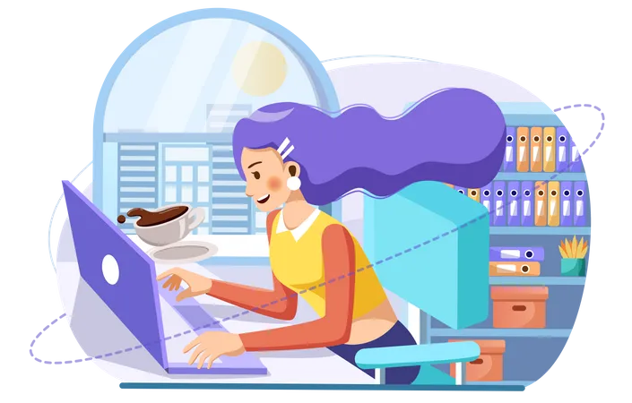 Mujer de negocios trabajando en la computadora portátil  Ilustración