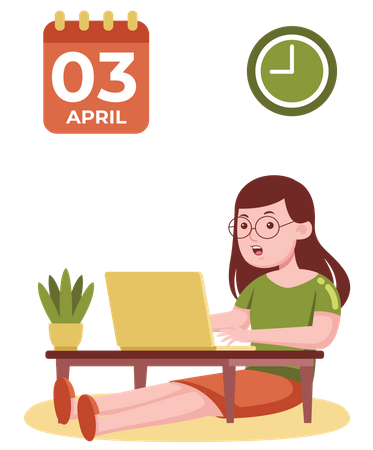 Mujer de negocios trabajando en una computadora portátil en el escritorio de una computadora portátil con calendario y reloj en la pared  Ilustración