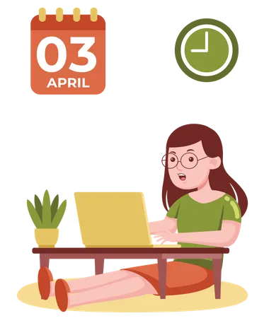 Mujer de negocios trabajando en una computadora portátil en el escritorio de una computadora portátil con calendario y reloj en la pared  Ilustración