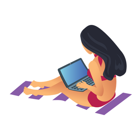 Mujer de negocios trabajando de vacaciones  Ilustración