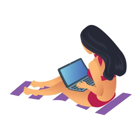 Mujer de negocios trabajando de vacaciones  Ilustración