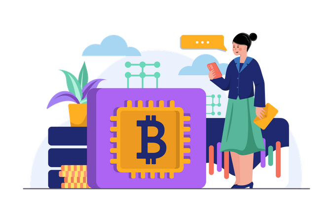Mujer de negocios utilizando la plataforma Blockchain  Ilustración