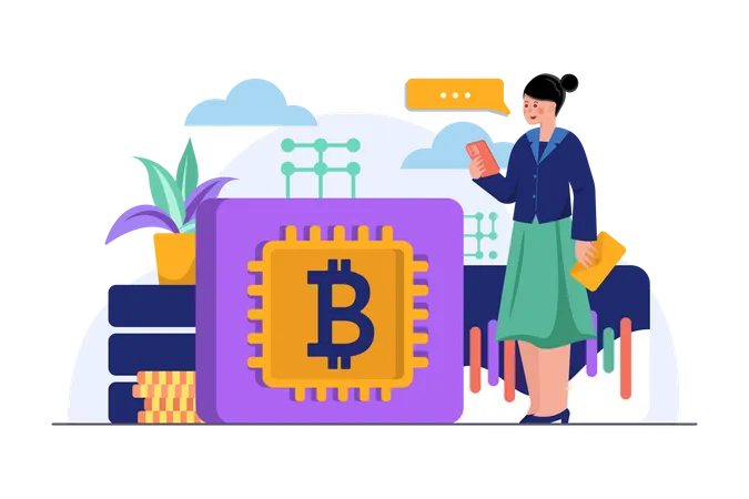 Mujer de negocios utilizando la plataforma Blockchain  Ilustración