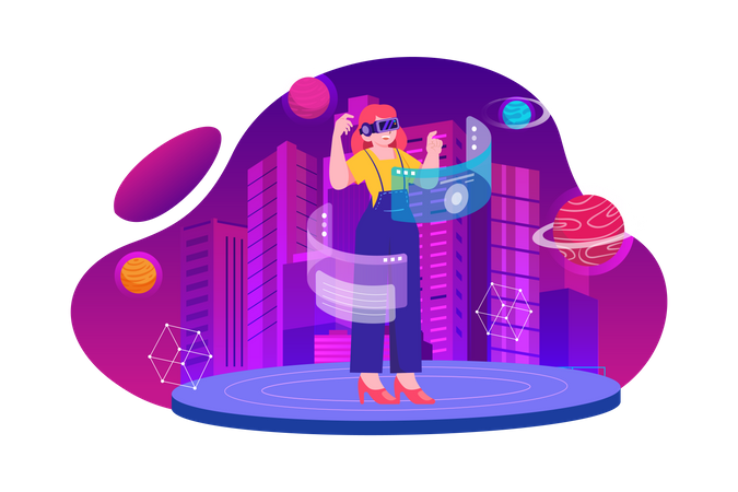 Mujer de negocios usando tecnología metaversa  Ilustración