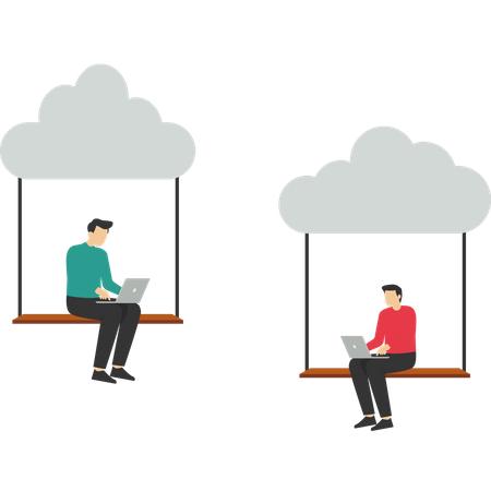 Empresaria y oficinista trabajando con un portátil en un columpio suspendido en la nube  Ilustración