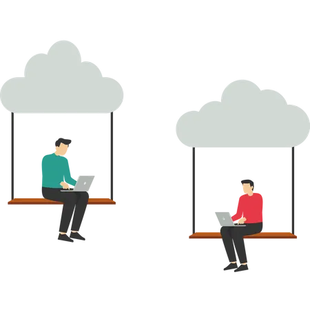 Empresaria y oficinista trabajando con un portátil en un columpio suspendido en la nube  Ilustración