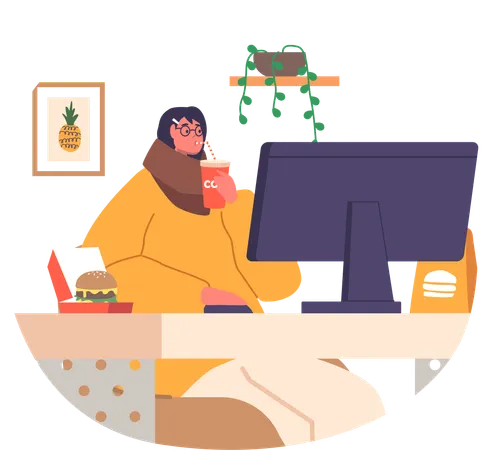 Mujer de oficina comiendo hamburguesa en el lugar de trabajo  Ilustración