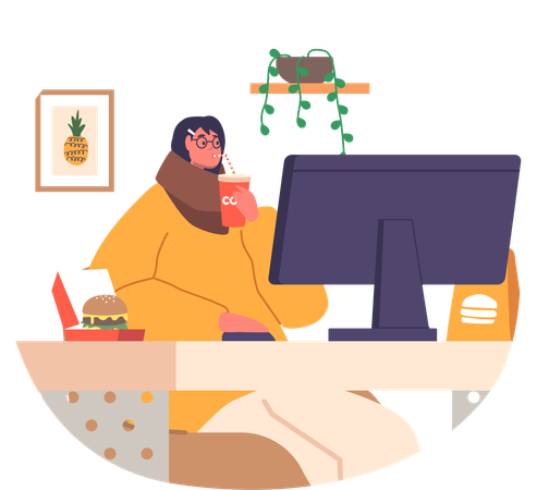 Mujer de oficina comiendo hamburguesa en el lugar de trabajo  Ilustración