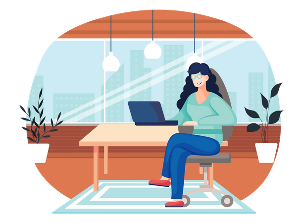 Mujer de oficina en el escritorio con una computadora portátil  Ilustración