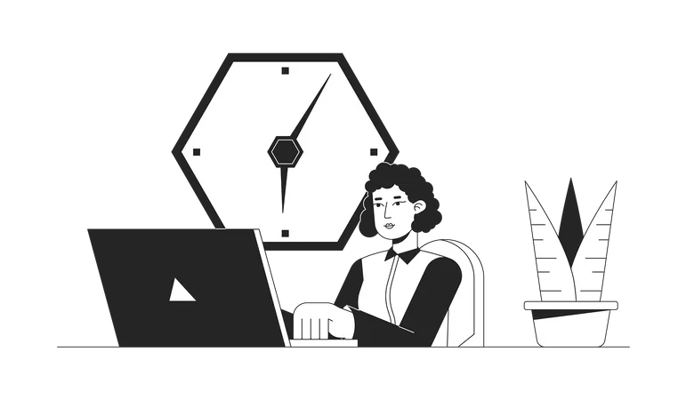 Mujer de oficina trabajando en la computadora portátil  Ilustración